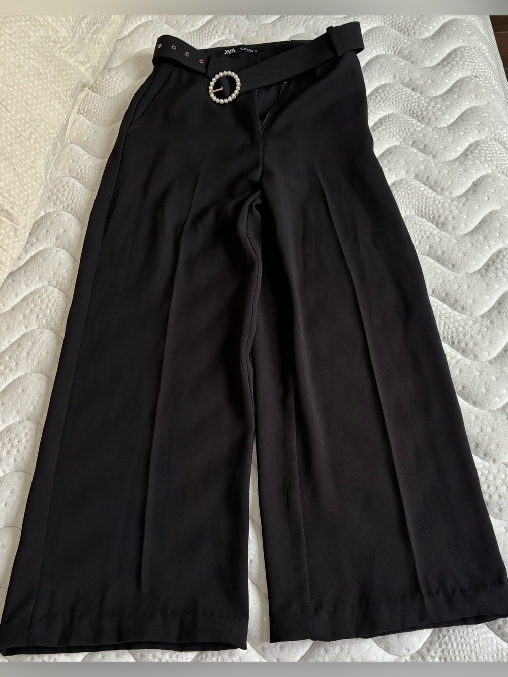 ZARA women’s Black Wide-Leg high rise trousers/pants with pearl Buckle Belt NWOT